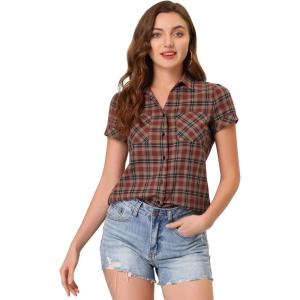 imageAllegra K Womens Cotton Classic Button Down Western Plaid ShirtRed Yellow