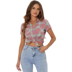 imageAllegra K Womens Cotton Classic Button Down Western Plaid ShirtWatermelon Red Green