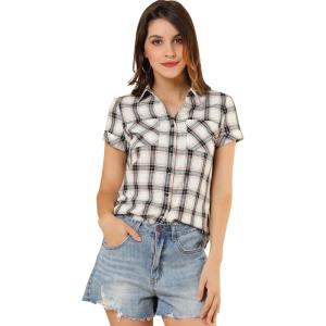 imageAllegra K Womens Cotton Classic Button Down Western Plaid ShirtWhite Black