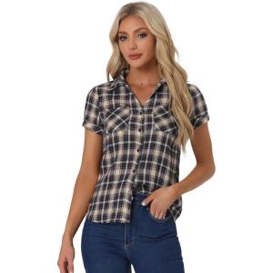 imageAllegra K Womens Cotton Classic Button Down Western Plaid ShirtWhite Dark Blue