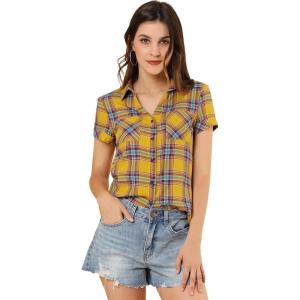 imageAllegra K Womens Cotton Classic Button Down Western Plaid ShirtYellow