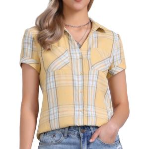 imageAllegra K Womens Cotton Classic Button Down Western Plaid ShirtYellow Blue