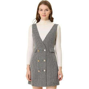 imageAllegra K Womens Elegant Vintage Button Front V Neck Plaid Tweed Overalls Pinafore DressApricot