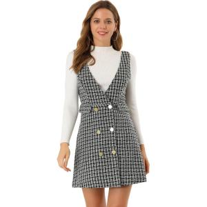 imageAllegra K Womens Elegant Vintage Button Front V Neck Plaid Tweed Overalls Pinafore DressBlack