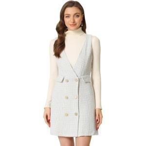 imageAllegra K Womens Elegant Vintage Button Front V Neck Plaid Tweed Overalls Pinafore DressGrey Blue