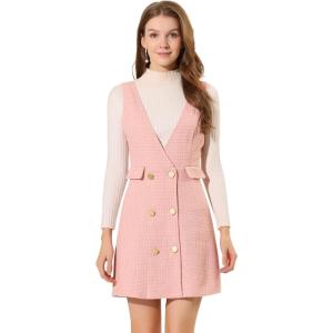 imageAllegra K Womens Elegant Vintage Button Front V Neck Plaid Tweed Overalls Pinafore DressPink