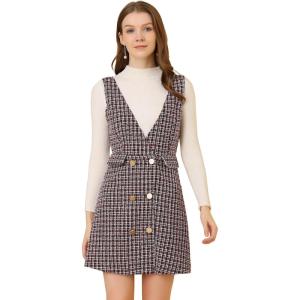 imageAllegra K Womens Elegant Vintage Button Front V Neck Plaid Tweed Overalls Pinafore DressRed