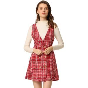 imageAllegra K Womens Elegant Vintage Button Front V Neck Plaid Tweed Overalls Pinafore DressReds