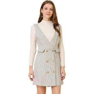 imageAllegra K Womens Elegant Vintage Button Front V Neck Plaid Tweed Overalls Pinafore DressWhite