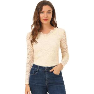 imageAllegra K Womens Floral Embroidery Sheer Long Sleeves Lace Blouse TopBeige