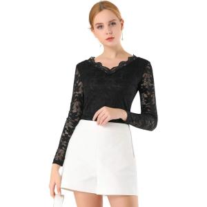 imageAllegra K Womens Floral Embroidery Sheer Long Sleeves Lace Blouse TopBlack