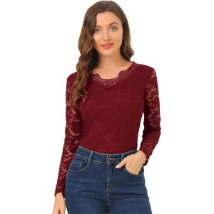 imageAllegra K Womens Floral Embroidery Sheer Long Sleeves Lace Blouse TopBurgundy