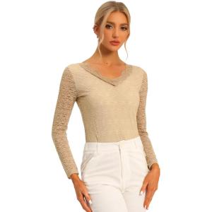 imageAllegra K Womens Floral Embroidery Sheer Long Sleeves Lace Blouse TopCamel