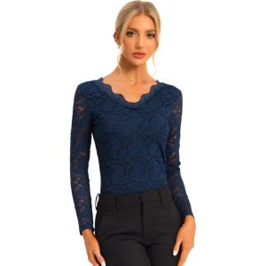 imageAllegra K Womens Floral Embroidery Sheer Long Sleeves Lace Blouse TopDark Blue