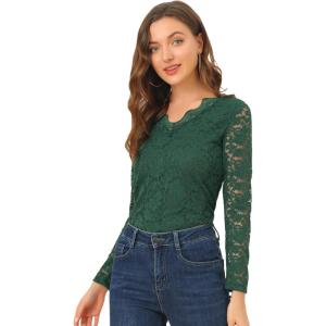 imageAllegra K Womens Floral Embroidery Sheer Long Sleeves Lace Blouse TopDark Green