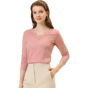 imageAllegra K Womens Floral Embroidery Sheer Long Sleeves Lace Blouse TopPink