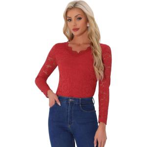 imageAllegra K Womens Floral Embroidery Sheer Long Sleeves Lace Blouse TopRed