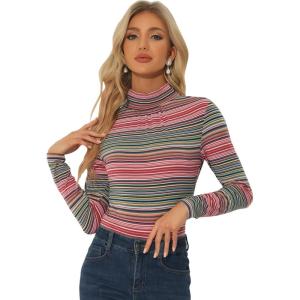 imageAllegra K Womens Long Sleeve Turtleneck Tops Stretch Slim Christmas Xmas Party ShirtRed Striped