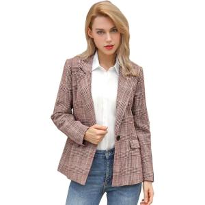 imageAllegra K Womens Notched Lapel One Button Boyfriend Blazer Suit Plaid Blazer JacketBurgundy