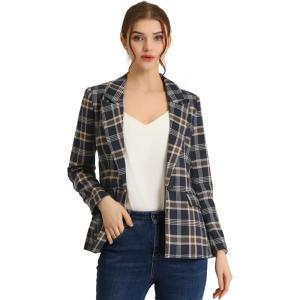 imageAllegra K Womens Notched Lapel One Button Boyfriend Blazer Suit Plaid Blazer JacketDark Blue