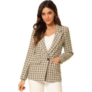 imageAllegra K Womens Notched Lapel One Button Boyfriend Blazer Suit Plaid Blazer JacketKhaki