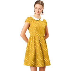 imageAllegra K Womens Peter Pan Collar Short Sleeves Contrast ALine Polka Dots DressMustard
