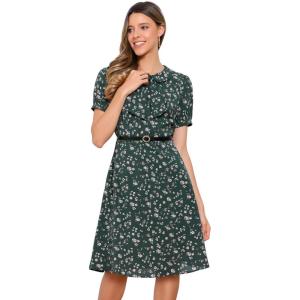 imageAllegra K Womens Peter Pan Collar Tie Neck Short Sleeves ALine Elegant Belted Vintage Floral DressGreen