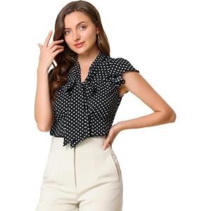 imageAllegra K Womens Polka Dots Tie Neck Blouse Summer Ruffled Cap Sleeve Office TopBlack