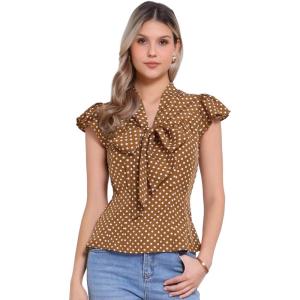 imageAllegra K Womens Polka Dots Tie Neck Blouse Summer Ruffled Cap Sleeve Office TopBrown
