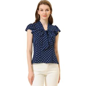 imageAllegra K Womens Polka Dots Tie Neck Blouse Summer Ruffled Cap Sleeve Office TopDark Blue