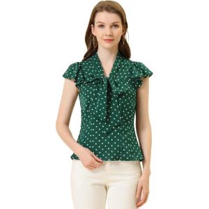 imageAllegra K Womens Polka Dots Tie Neck Blouse Summer Ruffled Cap Sleeve Office TopDark Green