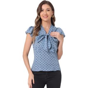 imageAllegra K Womens Polka Dots Tie Neck Blouse Summer Ruffled Cap Sleeve Office TopGrey Blue