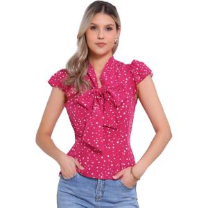 imageAllegra K Womens Polka Dots Tie Neck Blouse Summer Ruffled Cap Sleeve Office TopHot Pink