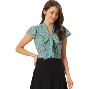 imageAllegra K Womens Polka Dots Tie Neck Blouse Summer Ruffled Cap Sleeve Office TopLight Green