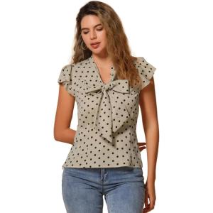 imageAllegra K Womens Polka Dots Tie Neck Blouse Summer Ruffled Cap Sleeve Office TopLight Khaki