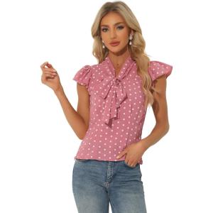 imageAllegra K Womens Polka Dots Tie Neck Blouse Summer Ruffled Cap Sleeve Office TopPink