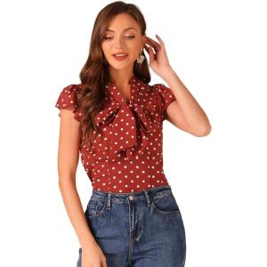 imageAllegra K Womens Polka Dots Tie Neck Blouse Summer Ruffled Cap Sleeve Office TopRed