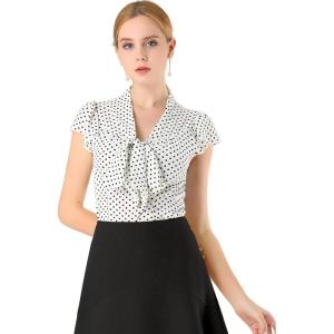 imageAllegra K Womens Polka Dots Tie Neck Blouse Summer Ruffled Cap Sleeve Office TopWhite