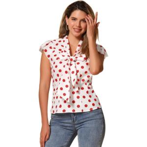 imageAllegra K Womens Polka Dots Tie Neck Blouse Summer Ruffled Cap Sleeve Office TopWhite Red