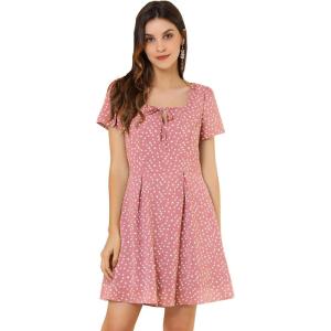 imageAllegra K Womens Printed Dress Summer 2025 Casual Square Neck Short Sleeve Fit and Flare Dresses Small PinkHeart