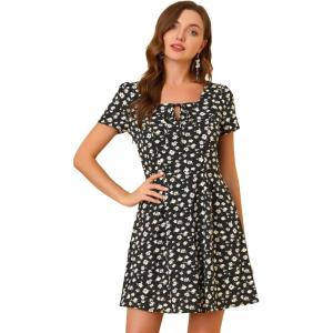imageAllegra K Womens Printed Dress Summer 2025 Casual Square Neck Short Sleeve Fit and Flare DressesBlack Pinkfloral