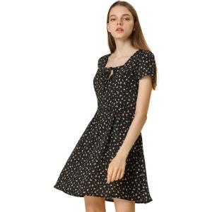 imageAllegra K Womens Printed Dress Summer 2025 Casual Square Neck Short Sleeve Fit and Flare DressesBlackfloral