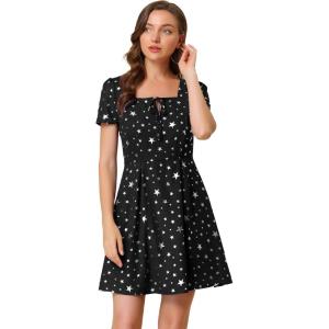 imageAllegra K Womens Printed Dress Summer 2025 Casual Square Neck Short Sleeve Fit and Flare DressesBlackstars