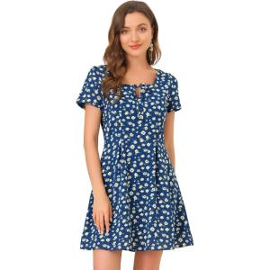 imageAllegra K Womens Printed Dress Summer 2025 Casual Square Neck Short Sleeve Fit and Flare DressesBluefloral