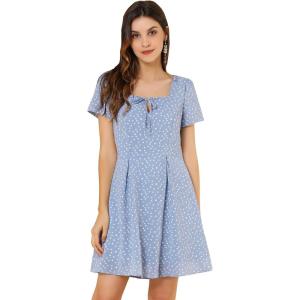 imageAllegra K Womens Printed Dress Summer 2025 Casual Square Neck Short Sleeve Fit and Flare DressesBlueheart