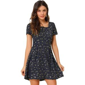 imageAllegra K Womens Printed Dress Summer 2025 Casual Square Neck Short Sleeve Fit and Flare DressesBluestars