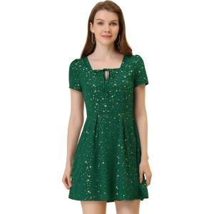 imageAllegra K Womens Printed Dress Summer 2025 Casual Square Neck Short Sleeve Fit and Flare DressesDark Greenstars