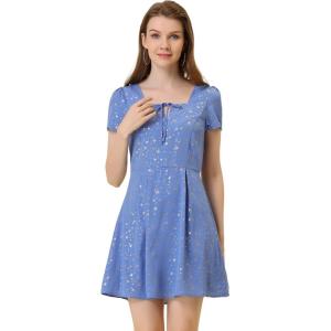 imageAllegra K Womens Printed Dress Summer 2025 Casual Square Neck Short Sleeve Fit and Flare DressesGray Bluestars