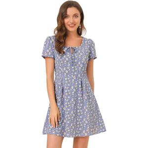 imageAllegra K Womens Printed Dress Summer 2025 Casual Square Neck Short Sleeve Fit and Flare DressesPurplefloral