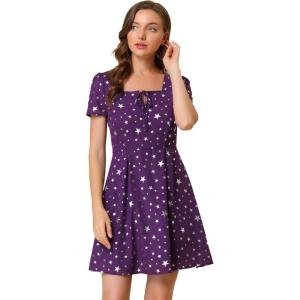 imageAllegra K Womens Printed Dress Summer 2025 Casual Square Neck Short Sleeve Fit and Flare DressesPurplestars